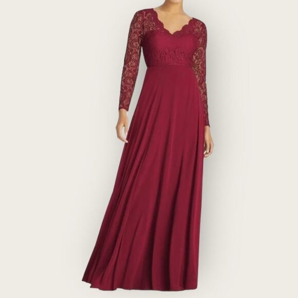 NWT | Dessy Collection | Long Sleeve Lace & Chiffon Gown | Burgundy | 10 - Picture 1 of 15
